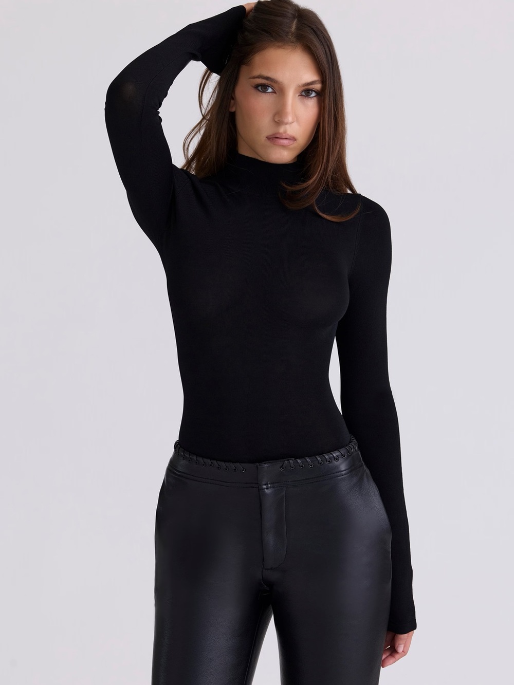 House of CB ELIENA Black High Neck Long Sleeve Bodysuit NWOT